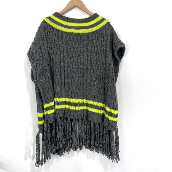 Steve Madden Womens Neon Stripe Fringe Knit Poncho Sweater OS Gray Fall Winter - Picture 9 of 9